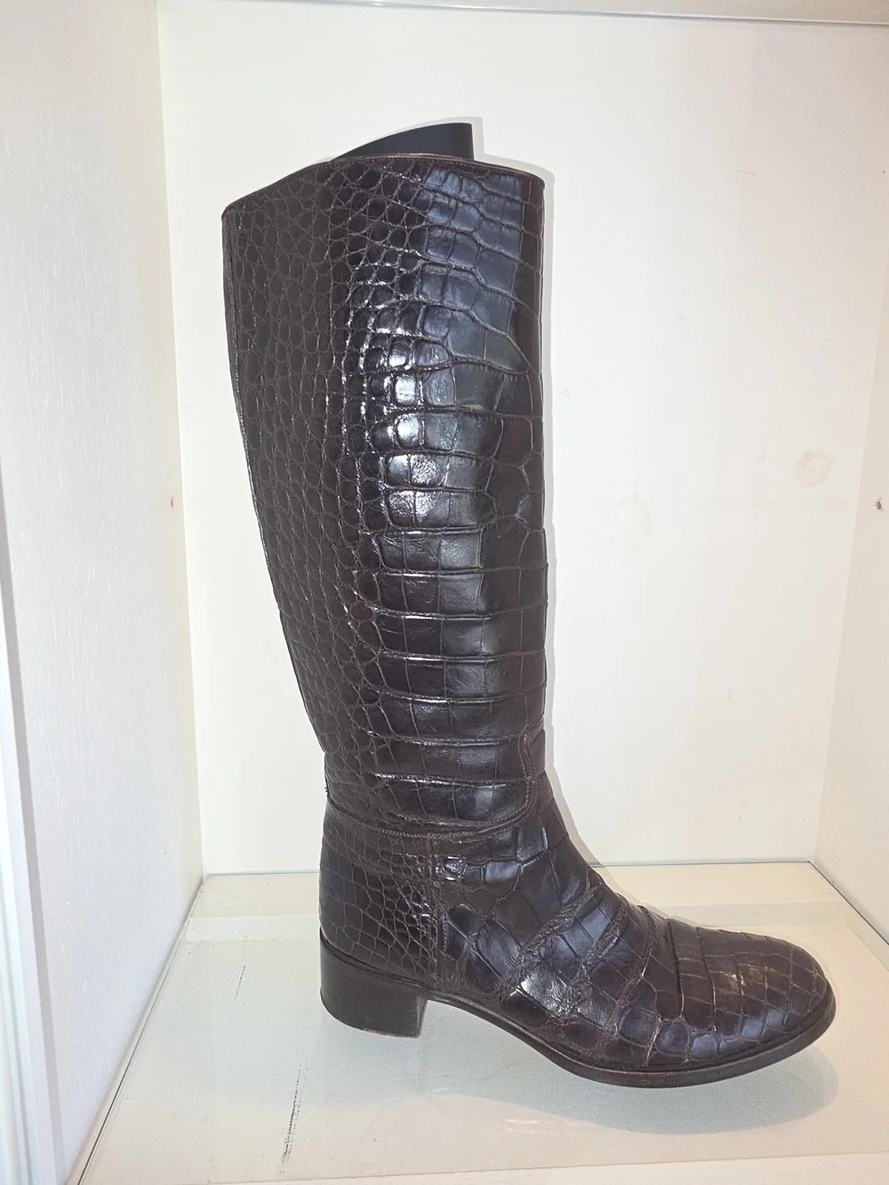 Women’s Brown/Black Leather Crocodile-Embossed Knee-High Riding Boot